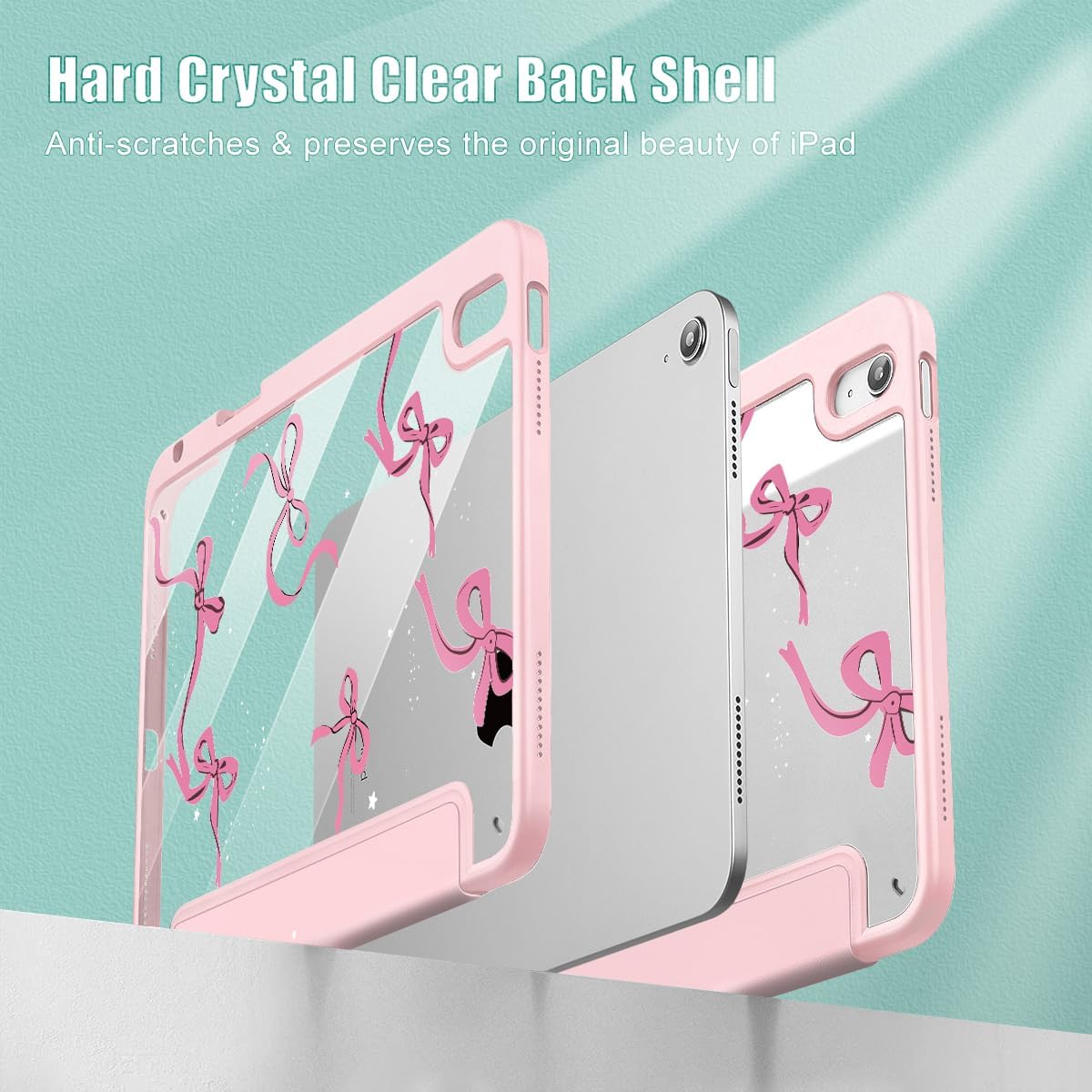 May Chen Case for iPad Air 13 Inch M4 2026, M3 2025, M2 2024, [Built-in Pencil Holder] Shockproof Cover with Clear Transparent Back Shell, Auto Sleep/Wake Cover, Pink Bows