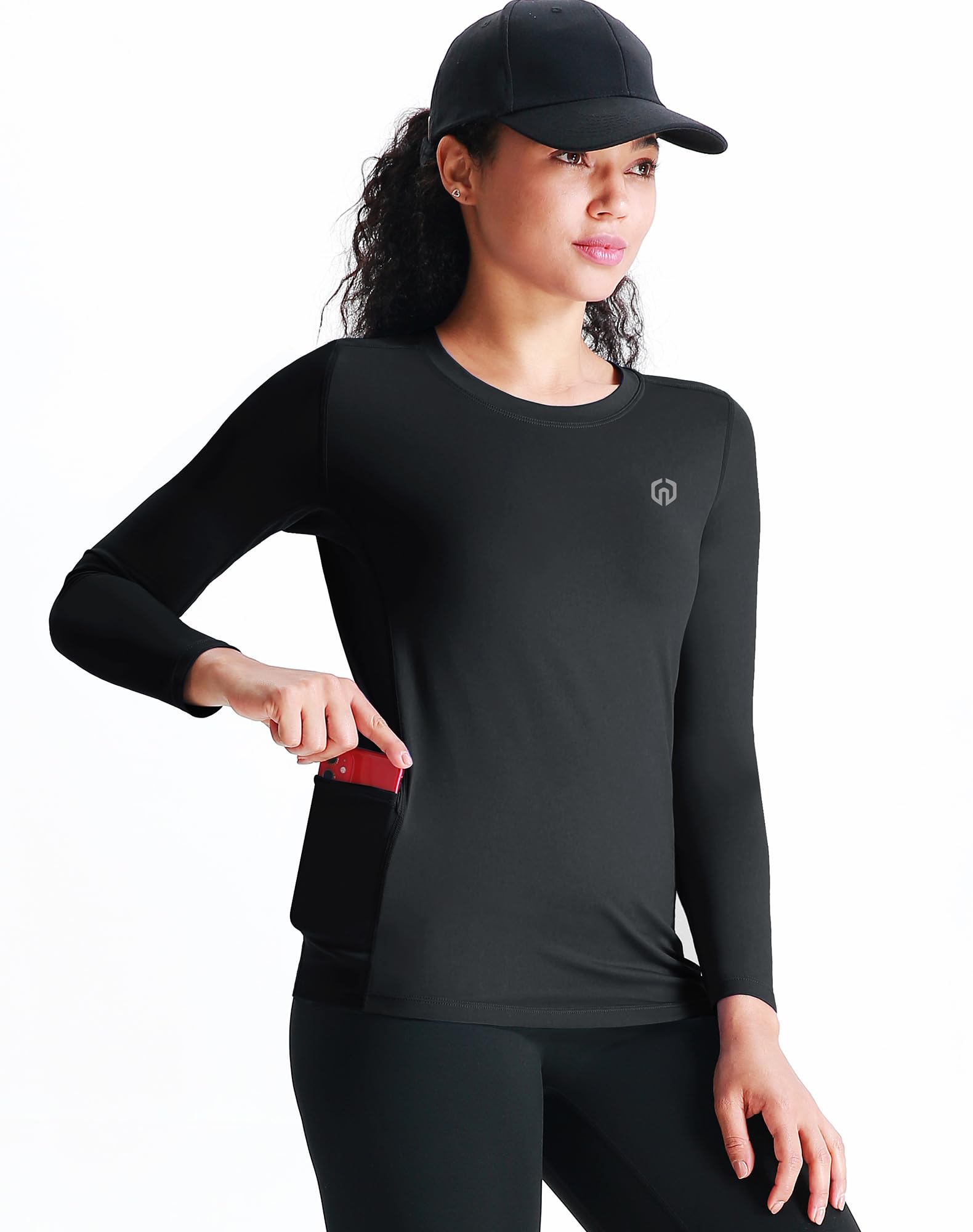 NELEUS Women's 3 Pack Compression Shirts Long Sleeve Running Athletic Shirts with Pocket,8075,Black/Grey/Red,M