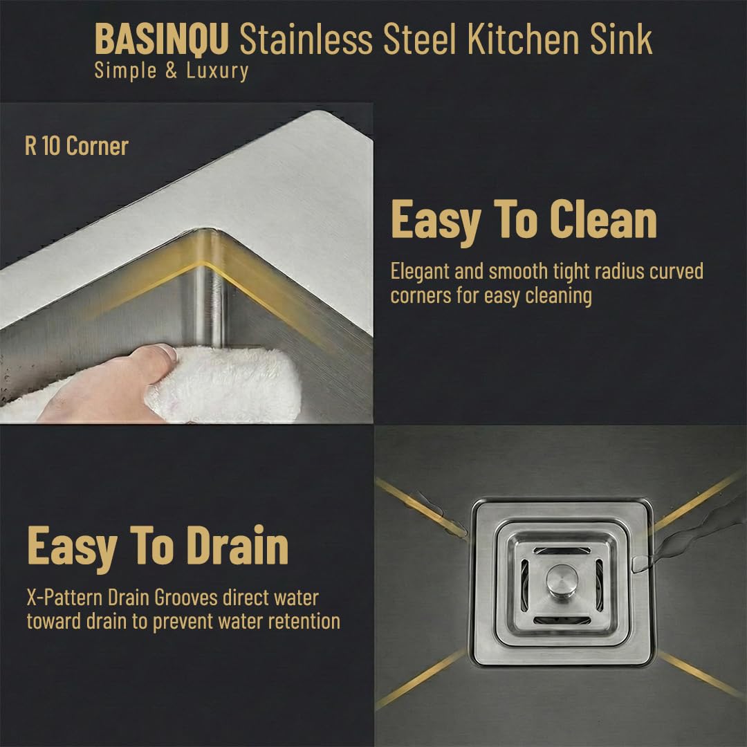 BASINQU BASINQU Kitchen Sink 24x18x10 Inch Handmade Single Bowl Sink for Kitchen Basin 304 Grade Stainless Steel Brushed Matte Finish Including Coupling Fruit Tray Hose Pipe Kitchen Sinks 4