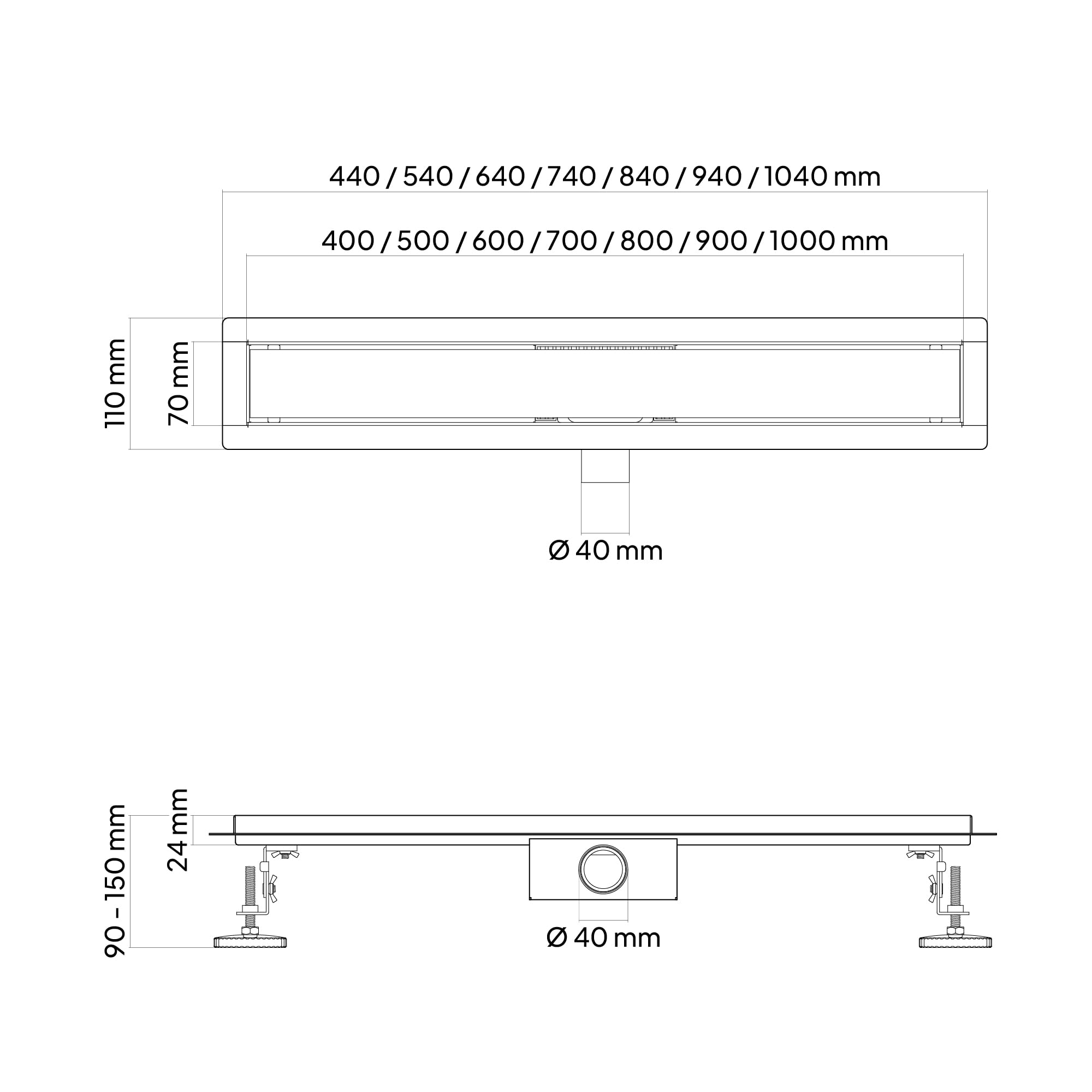 Canaleta de Ducha Rectangular de Acero Inoxidable Ultra Plana Medida 120cm - Modelo R3 Desagüe de Borde Vidrio Negro
