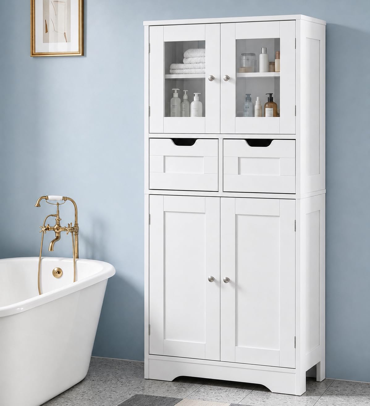 Mueble Columna de Baño Blanco, 30 cm de Fondo, 2 Cajones, 128 cm de Alto | Armario auxiliar para baño con 2 puertas de vidrio, 2 puertas opacas y 2 estantes regulables en 3 alturas.