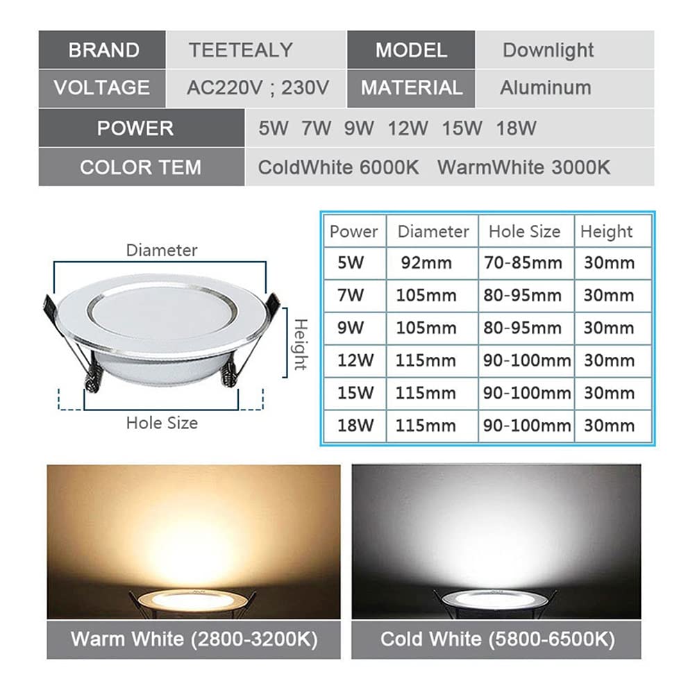 TTPP Dimmable LED étanche LED Down Lights 5w 7w 9w 12w 15w 18w Downlight Downlight Lights Lampe De Plafond pour Ampoule De Salle De Bain (10 Pcs)-7WIP65230V-Coldwhite