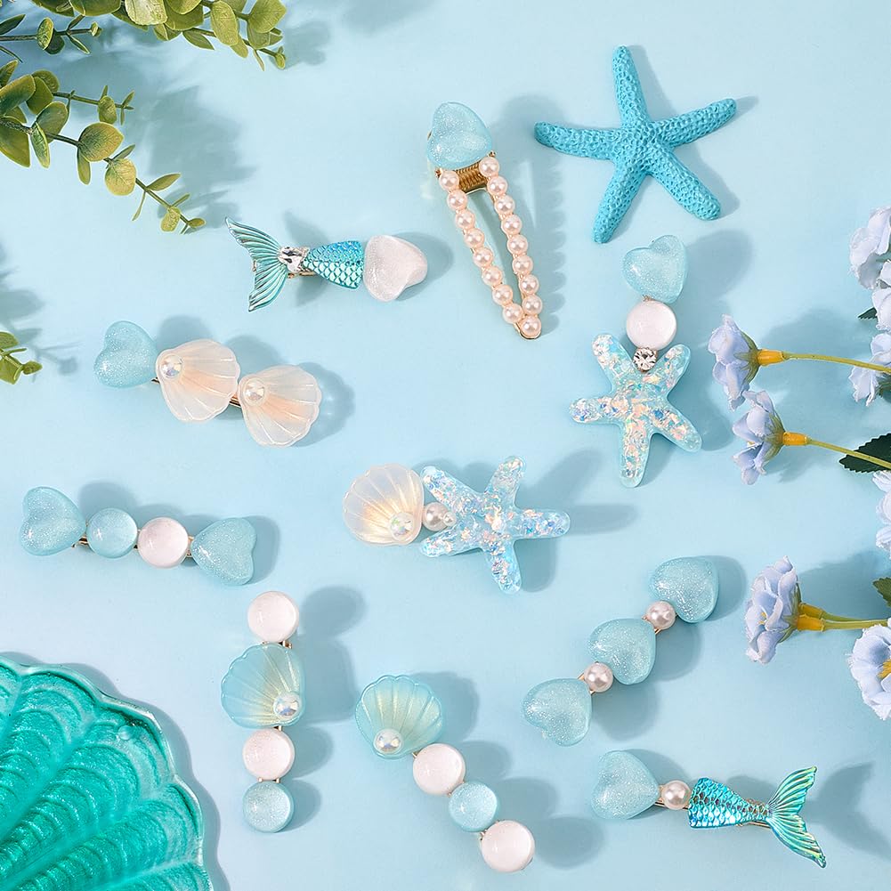 2 Stil 10 Stück Haarspangen Set Mit Blauen Perlen Meerjungfrau Muschel Sommer Strand Pastell Ozean Kunstharz Muschel Seestern Alligator Dekorative Haarspangen In Großpackung Für Frauen Kopfb