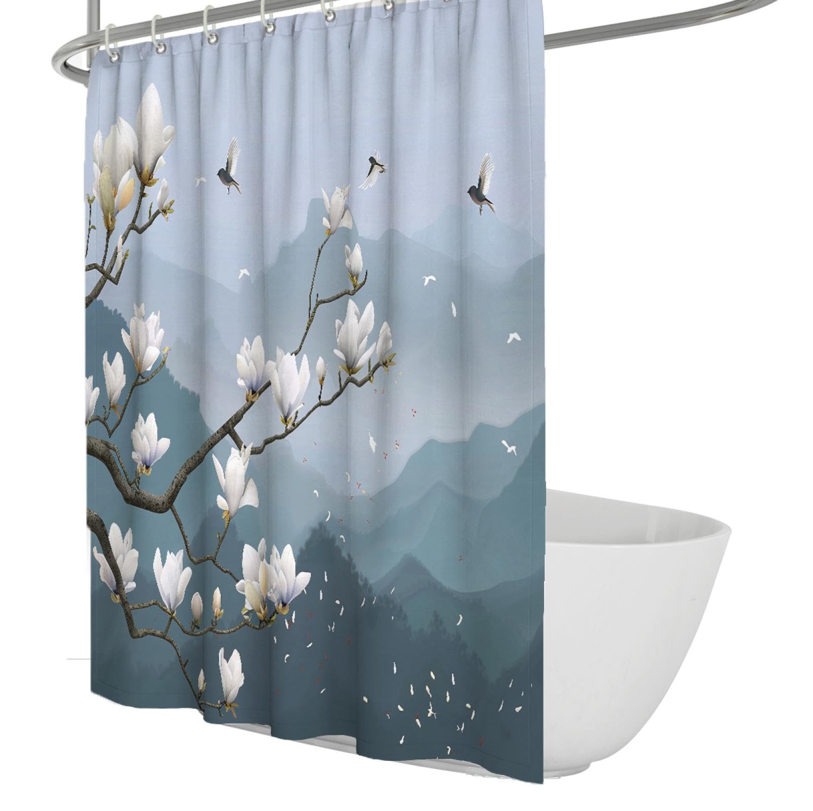 Olliar Home Shower Curtain Asian Decor Watercolor Magnolia Birds Flower Bath Curtain Vintage Oriental Chinese Ink Painting Bathroom Curtain 90X180