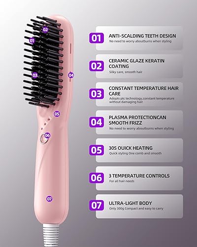 Miniatura 6 de Cepillo alisador de pelo, alisador iónico portátil para mujer, cepillo alisador con 3 ajustes de temperatura, apagado automático de 30 minutos,