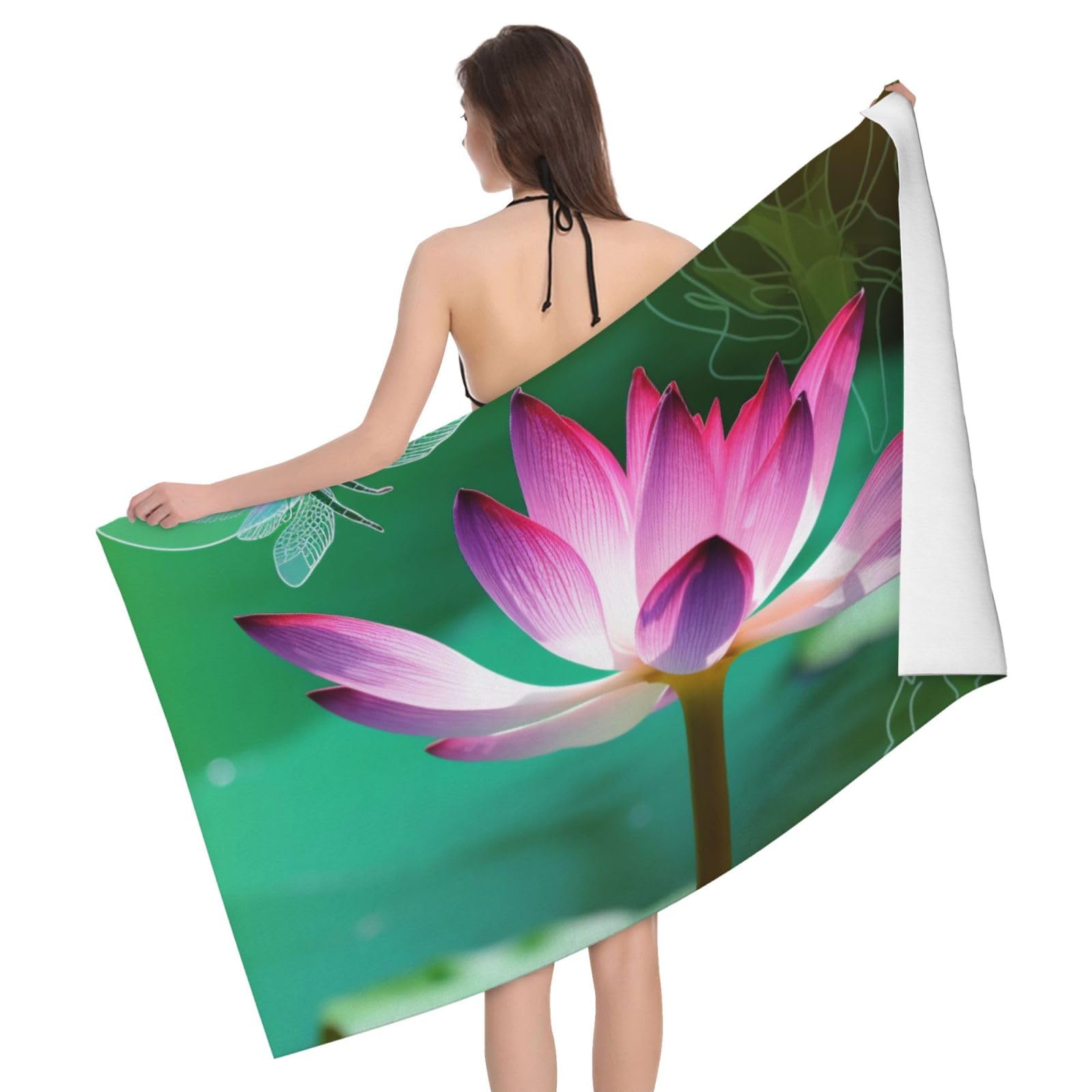 BWWHCCTI Lotus and Dragonfly Printed Microfiber Quick Dry Bath Towel, Soft Beach Towels for Travel,Camping,Gym,Beach,Swimming,Yoga, 130x80 CM