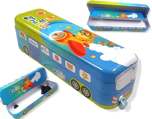 School Bus Pencil Box Kids- Compass Box with Wheel/Stylish School Bus Geometry Box for Kids | Cartoon Printed Bus Shaped P...