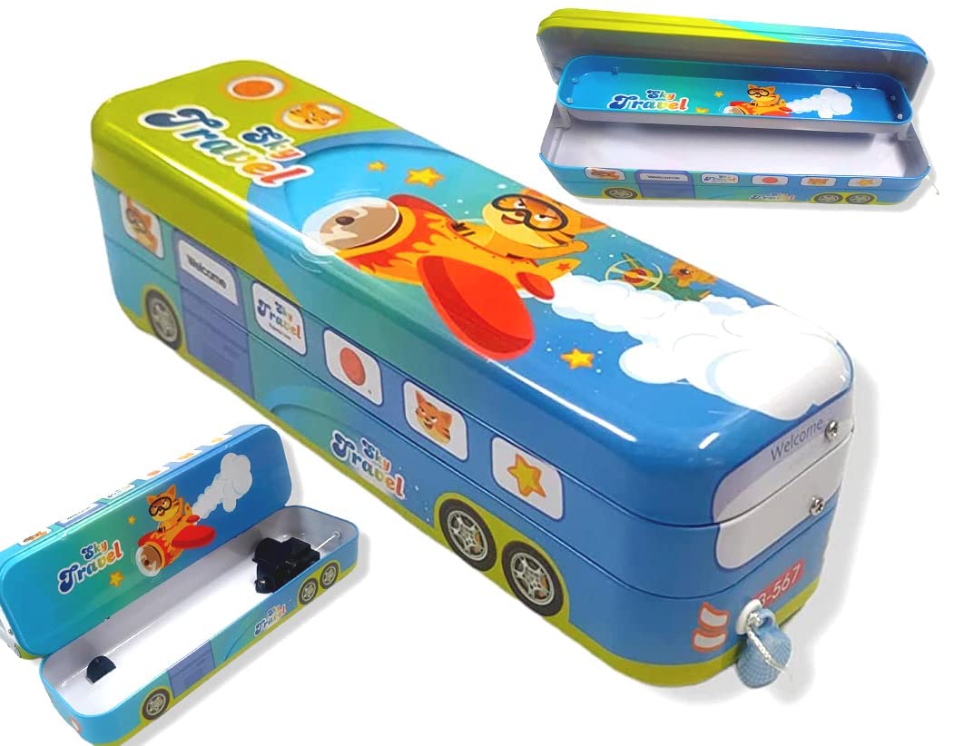 School Bus Pencil Box Kids- Compass Box with Wheel/Stylish School Bus Geometry Box for Kids | Cartoon Printed Bus Shaped P...