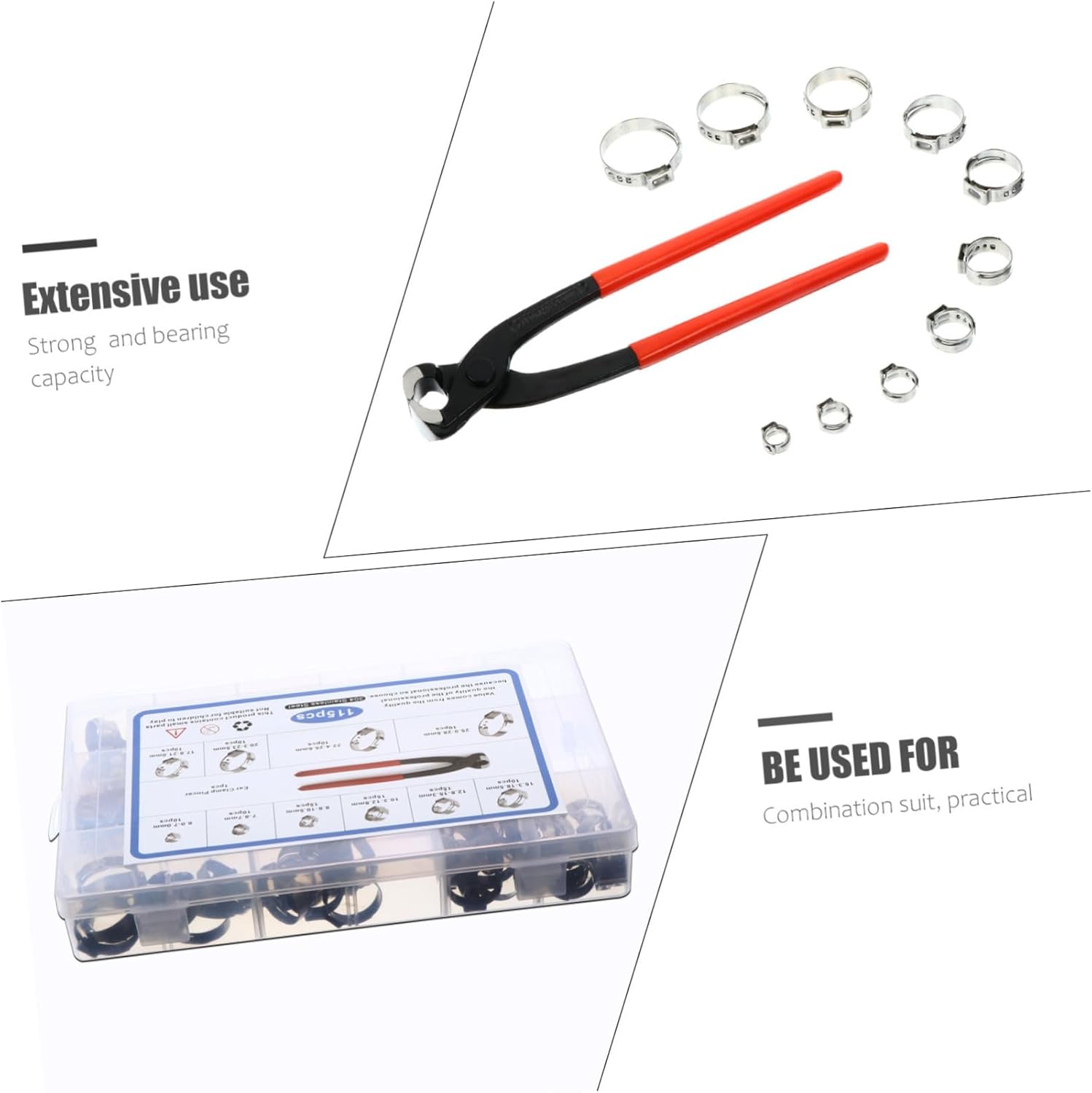 NUOBESTY 115pcs 304 Stainless Steel Single Ear Hose Clamp Set with 1 Hose Clamp Pliers Fuel Tube Clips for Automotive and Plumbing Applications