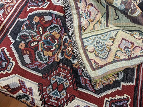 Dada Bedding Majestic Red Kilim Rug Tapestry Throw Blanket - Intricate Royal Ornate Ornament Print W/Fringe Tassels - Decorative Woven Needle Stitched Design - 50” X 60” (18195) #TOP5