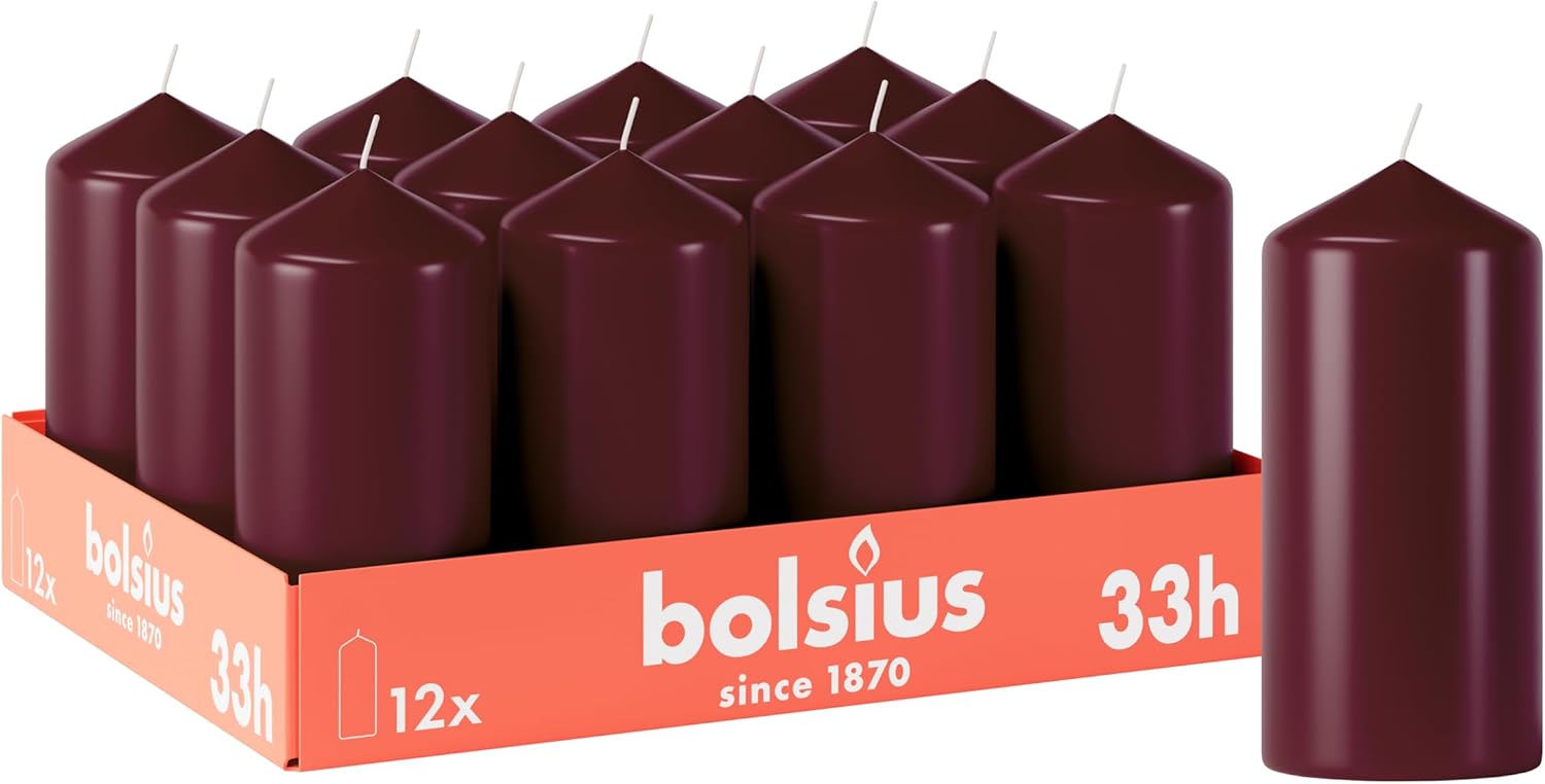 Bolsius Smooth Pillar Candles - Burgundy - Pack of 12-15 x 7 cm - Decorative Household Candles - Burning Time 42 Hours - Unscented - Contains Natural Plant Wax - Without Palm Oil