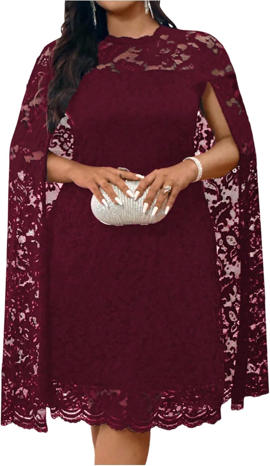 Women's Plus Size Lace Cape Dress Cloak Sleeve Crewneck Elegant Cocktail Party Dresses Wedding Guset Dress