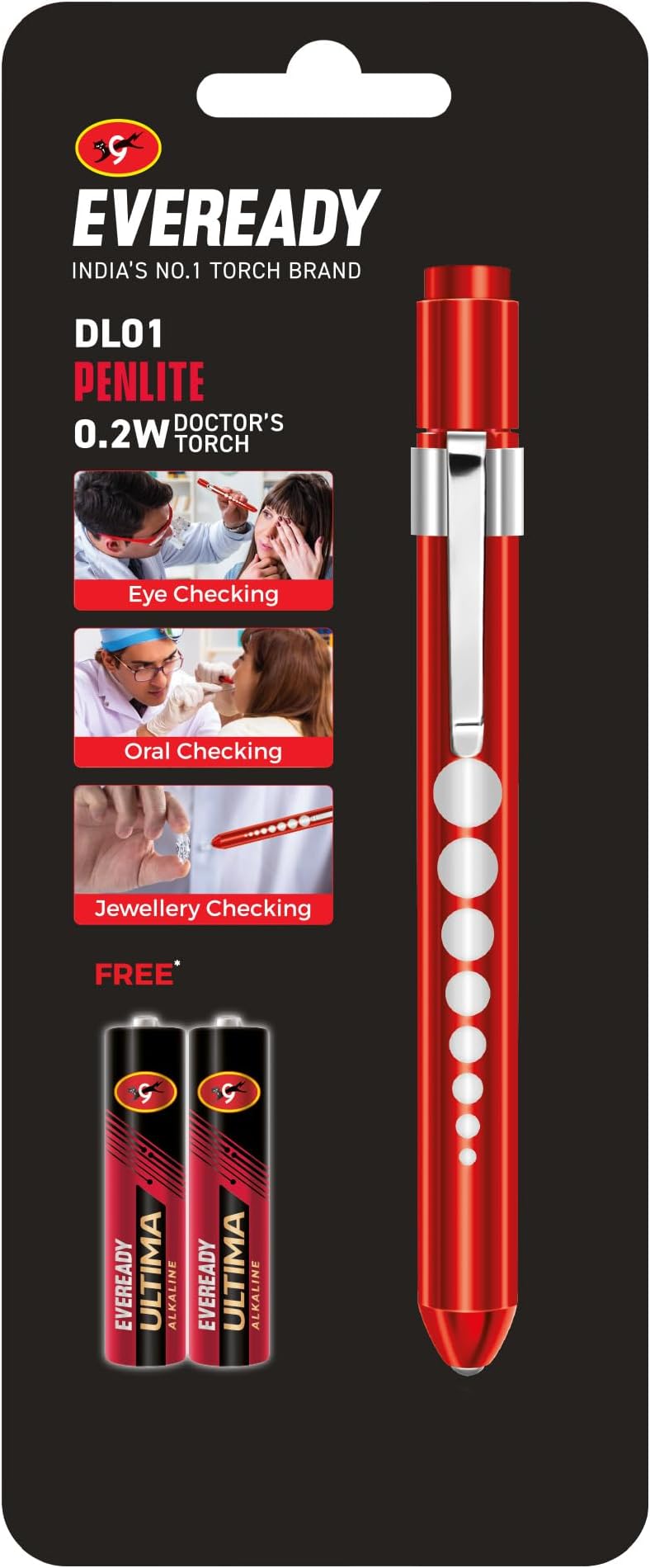 Eveready Penlite DL01, Pocket Size 0.2W Doctor's Torch, Soft Yellow LED Light, Pupil Gauge, Durable Aluminium Body, Powered by 2 AAA Ultima Alkaline Batteries (Included)