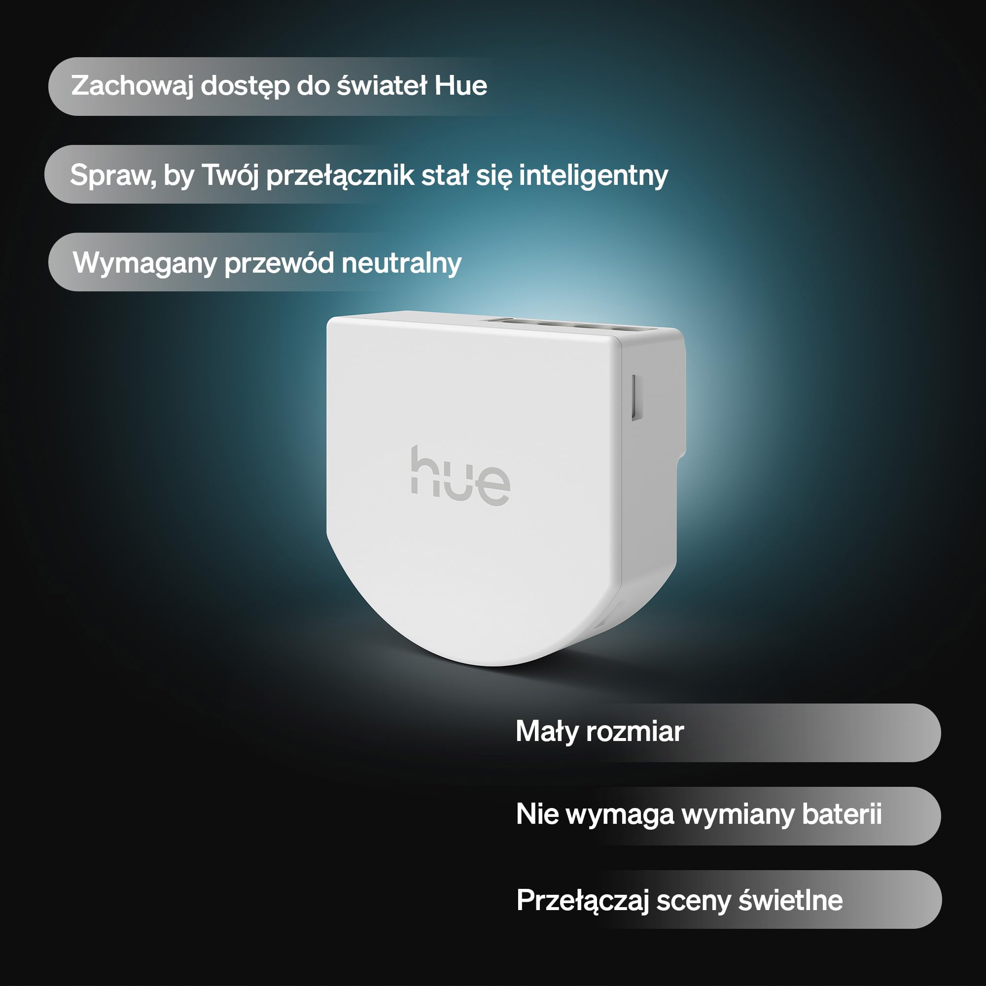 Philips Hue Przewodowy Włącznik Światła, 1 szt., Dostęp do Świateł Hue, Konfigurowalne Sterowanie, Bez Baterii, Niezawodne Połączenie, Aplikacja, Kontrola Głosowa, Apple Home, Google Home, Alexa