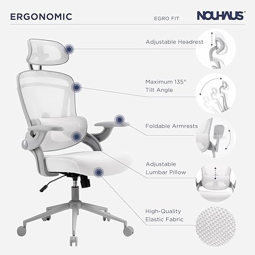 Miniatura 6 de Nouhaus Ergo Fit - Silla de oficina ergonómica de malla, respaldo alto, soporte lumbar ajustable, reposacabezas y reposabrazos abatibles ajustables,
