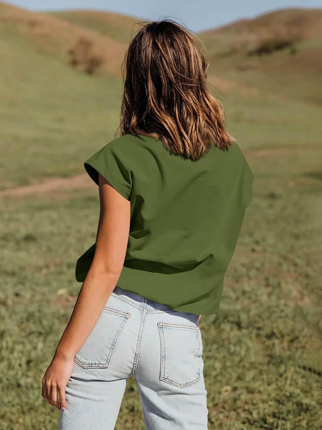 Tankaneo Women Short Cap Sleeve Tops Summer Casual Banded Sweatshirt Crew Neck Loose Fit T-Shirts - Image 3