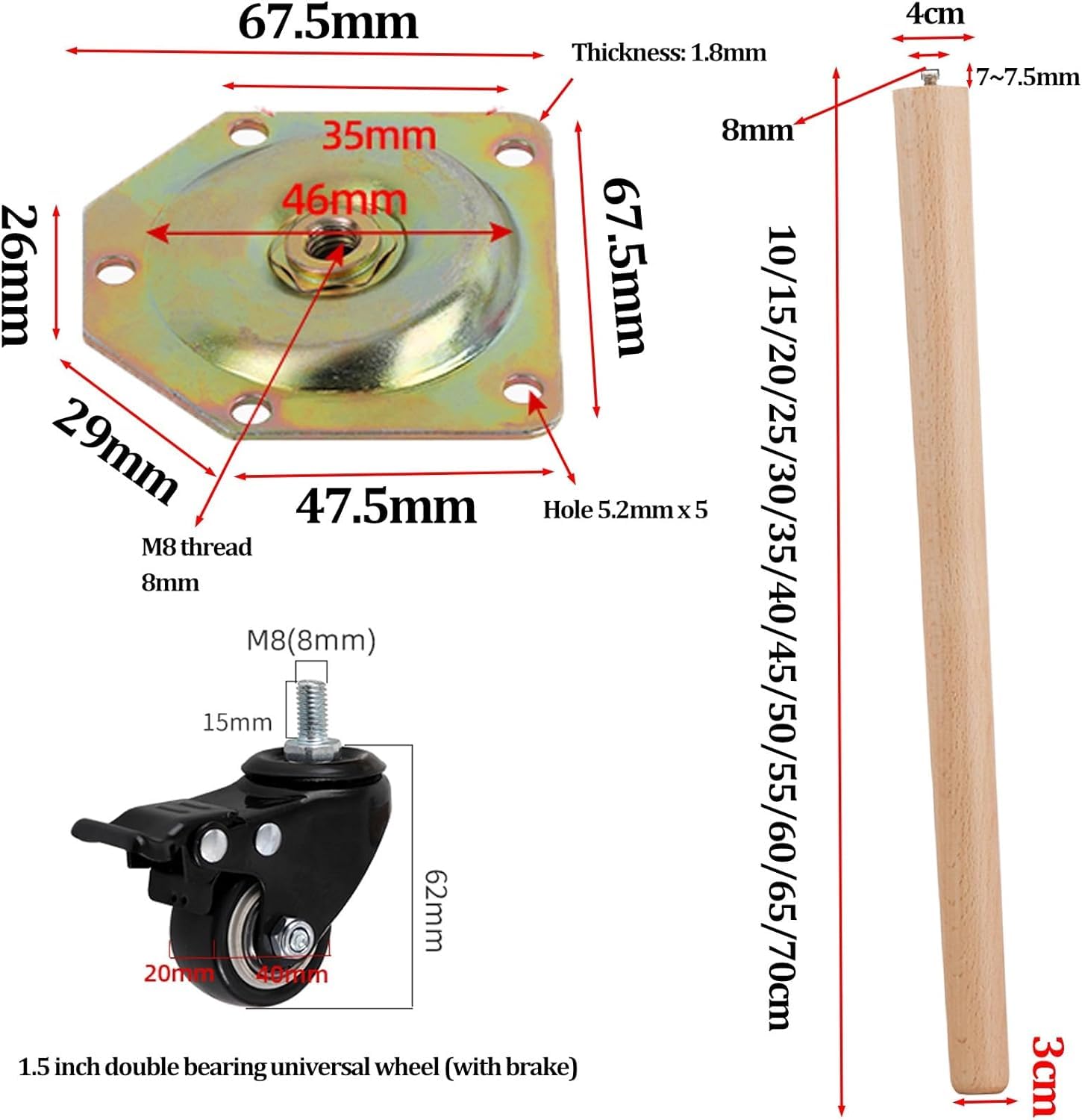 Gambe di Ricambio per Mobili in Legno 4 Pezzi, Gambe per Mobili in Legno con Ruota Universale, Piedini per Divani Affusolati, Gambe per Panche, Gambe per Sedie Rialzate per, Vertical, 25+6.2 cm