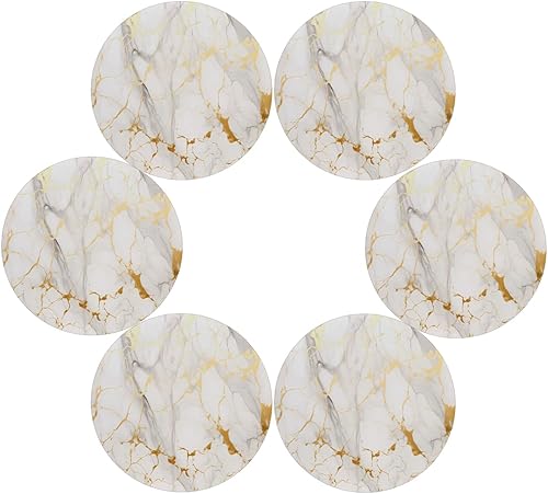 Gold White Marble Print Round Place Mats Set of 6, Heat Resistant Washable Placemats Polyester Round Table Mats for Kitchen Home Decor Holiday