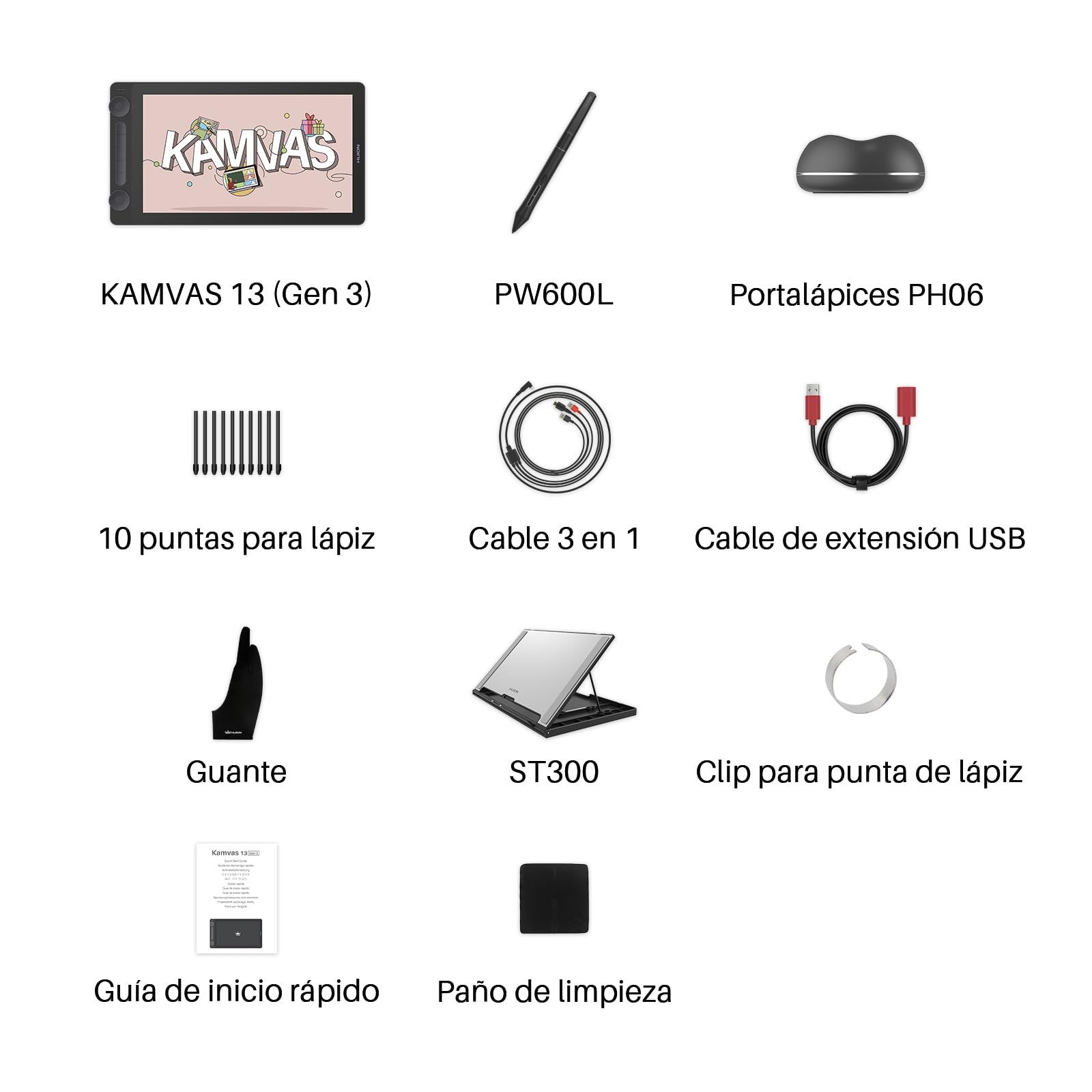 HUION Kamvas 13 Gen3 2024 Tableta Gráfica con Pantalla, Tableta de Dibujo Canvas Glass de 13,3", 99% sRGB, Nuevo Pentech 4.0, 16384 Presión del Lápiz, Diales Duales, Soporte Ajustable, Negro