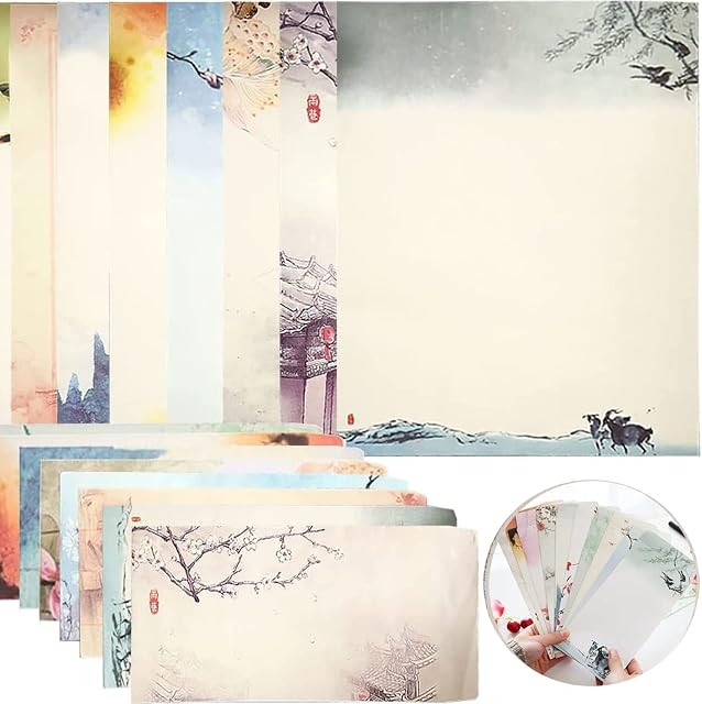 TPEMRPL Vintage Writing Paper A4 Letter Writing Paper Letter & Envelopes Sets, Chinese Style Writing Stationary Paper Set, 16 Sheets & Self-Sealing Envelops for Kids and Adults