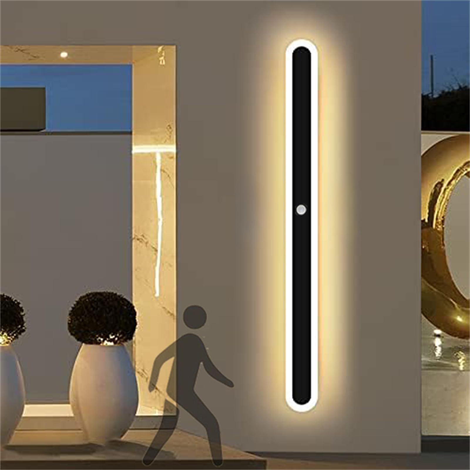 Longue Applique Murale avec Détecteur de Mouvement Lampe Murale Exterieur Noir Villa IP65 Étanche Éclairage Mural Terrasse Fer Acrylique Luminaire Mural Moderne pour Jardin (Lumière Chaude,120cm)