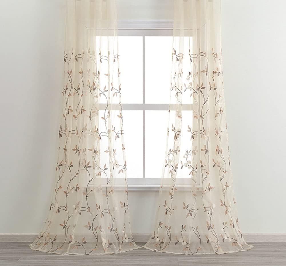 Rural Flower Embroidered Sheer Curtains Voile Curtain Home Decor for Kids Nursery Room Kitchen(1 Panel, W 100 x L 102 inch, Brown)