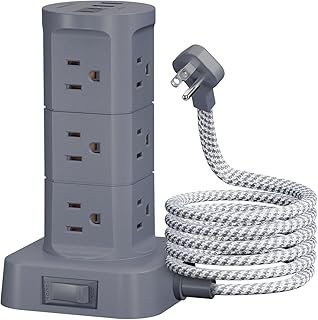 Surge Protector Power Strip Tower, Flat Plug, 6Ft Extension Cord with Multiple Outlets, 12 Outlets 4 USB Ports, Charging Station Office Desk Supplies, Classroom Essentials (Gray)