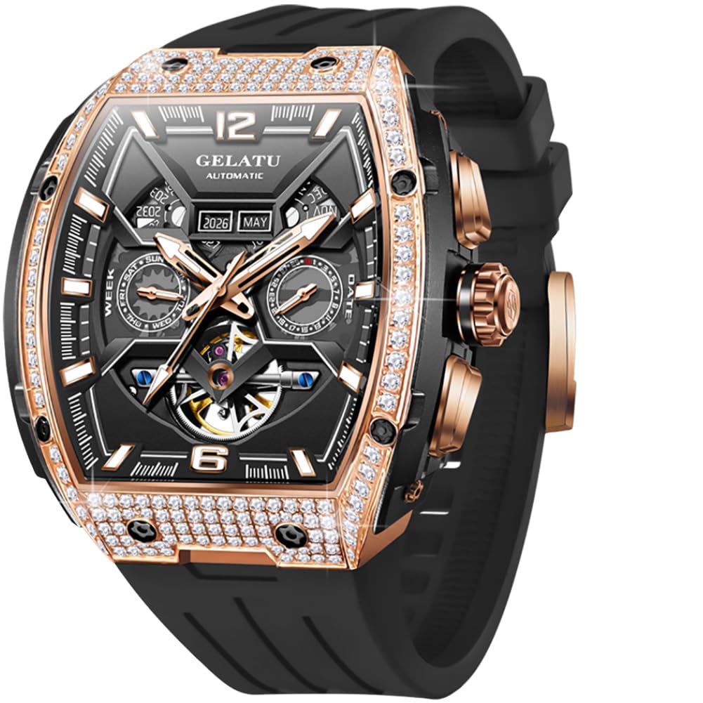 OLEVS GELATU Men Watch Automatic Tonneau Watch Skeleton Mechanical 50M Waterproof Sapphire Crystal Square Face Multi Calendar Tourbillon Male Watches