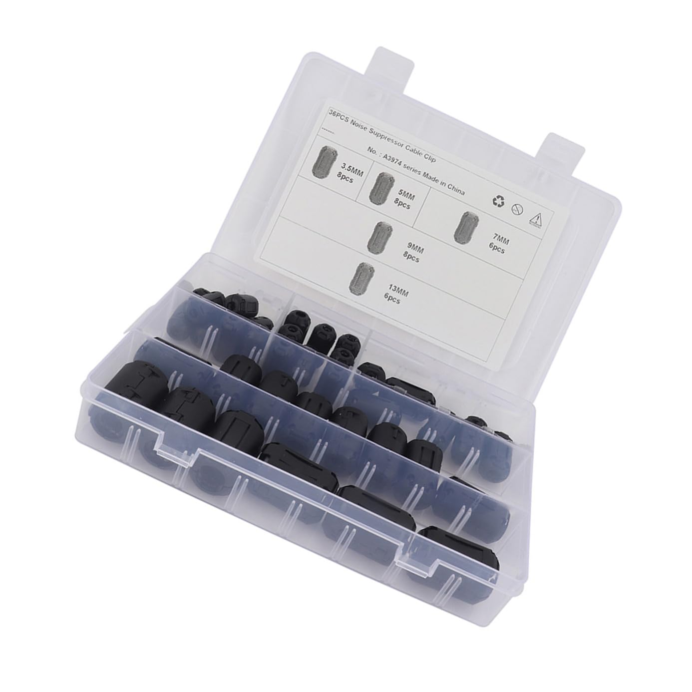 36 Pezzi Filtri Antirumore Clip in Plastica e Nucleo in Ferrite Rimovibile, Anelli di Cordone Antinterferenza per Cavi Dati, Accessori Elettronici per Installazione Audio Veicoli