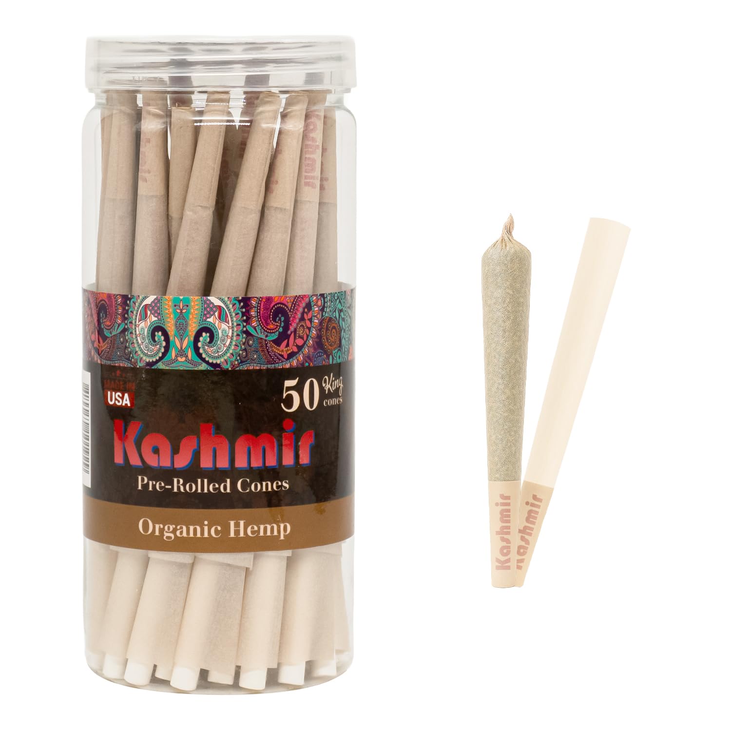 Kashmir Pre Rolled Cones King Size 108mm – 50 Pack Organic Natural Fiber Cones with W-Shaped Tips – Slow Burn Rolling Papers for Smooth, Even Smoke – Easy Fill, Premium Pre Rolls