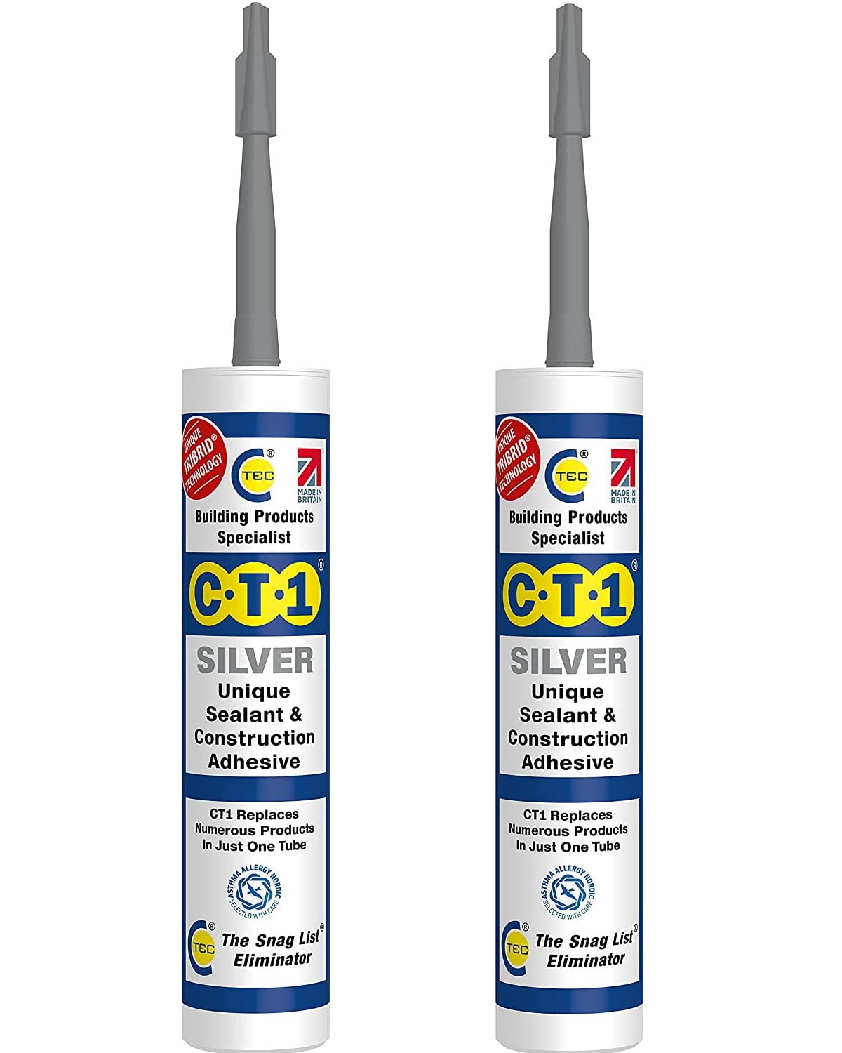 CT1 - Building Sealant & Adhesive Snag Tube for Virtually Any Material (Silver Twin Pack) (CT1-Twin-Pack)