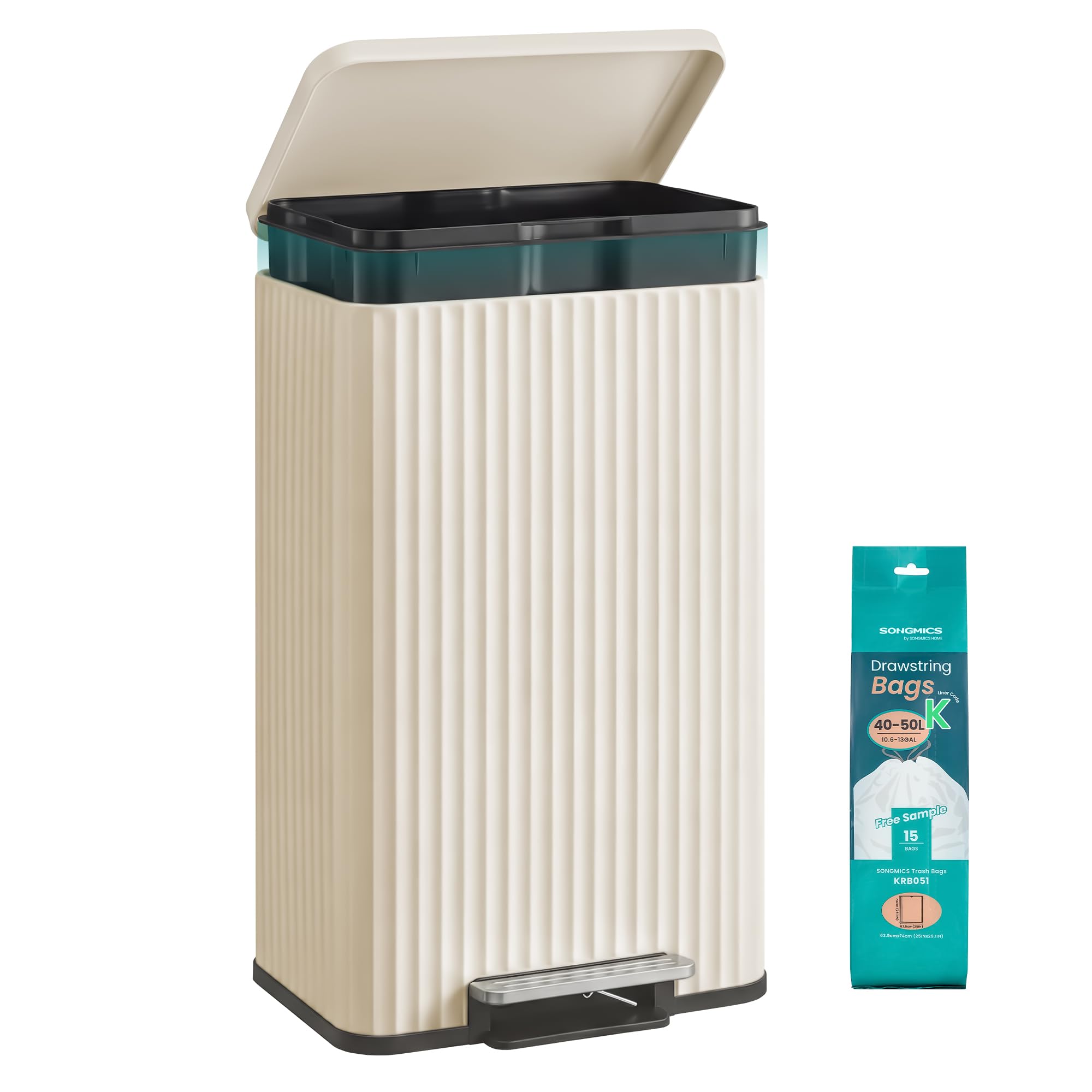 SONGMICS Mülleimer Küche, 50 Liter, Abfalleimer mit Pedal, Tretmülleimer mit Deckel, Softclose, Inneneimer herausnehmbar, Stahl, inklusive 15 Müllbeutel (Code K), cremeweiß LTB586LZ02
