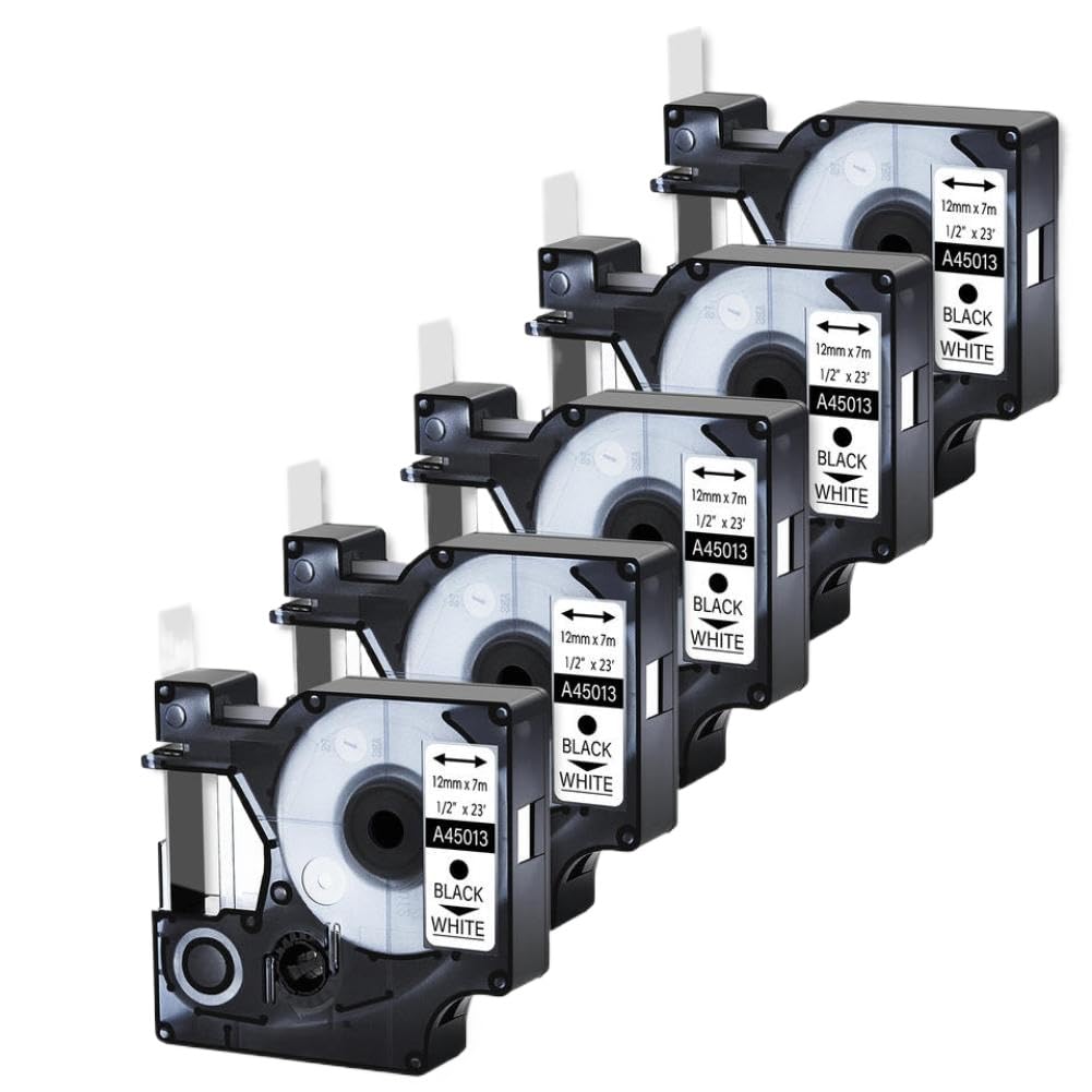 Ruban d'étiquettes laminé noir sur blanc, 5 paquets de 12mm, Compatible avec D1 45013 pour imprimantes LabelManager 100, 120P, 450D