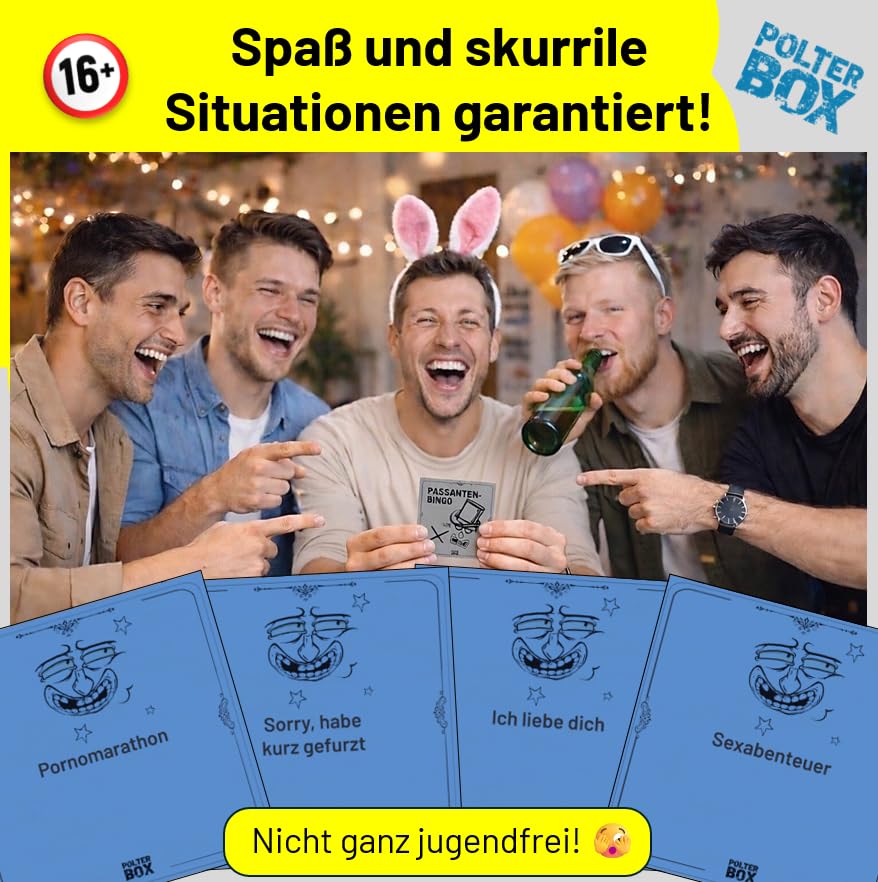 JGA PolterBox Deluxe – Komplettset mit 11 Partyspielen für Junggesellenabschied, 4–20 Spieler – All-in-One JGA Partybox für Polterabend, Aufgaben & Gruppen-Challenges (Men’s Edition)
