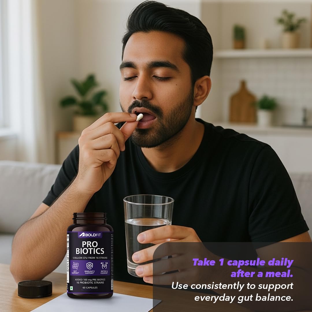 Boldfit Probiotics 5 Billion CFU with 16 Strains and Prebiotics for Gut Cleanse Detox Digestive Health Bloating Relief Constipation Probiotic Supplement for Men and Women Supports Immunity Booster - 60 Veg Capsules 1