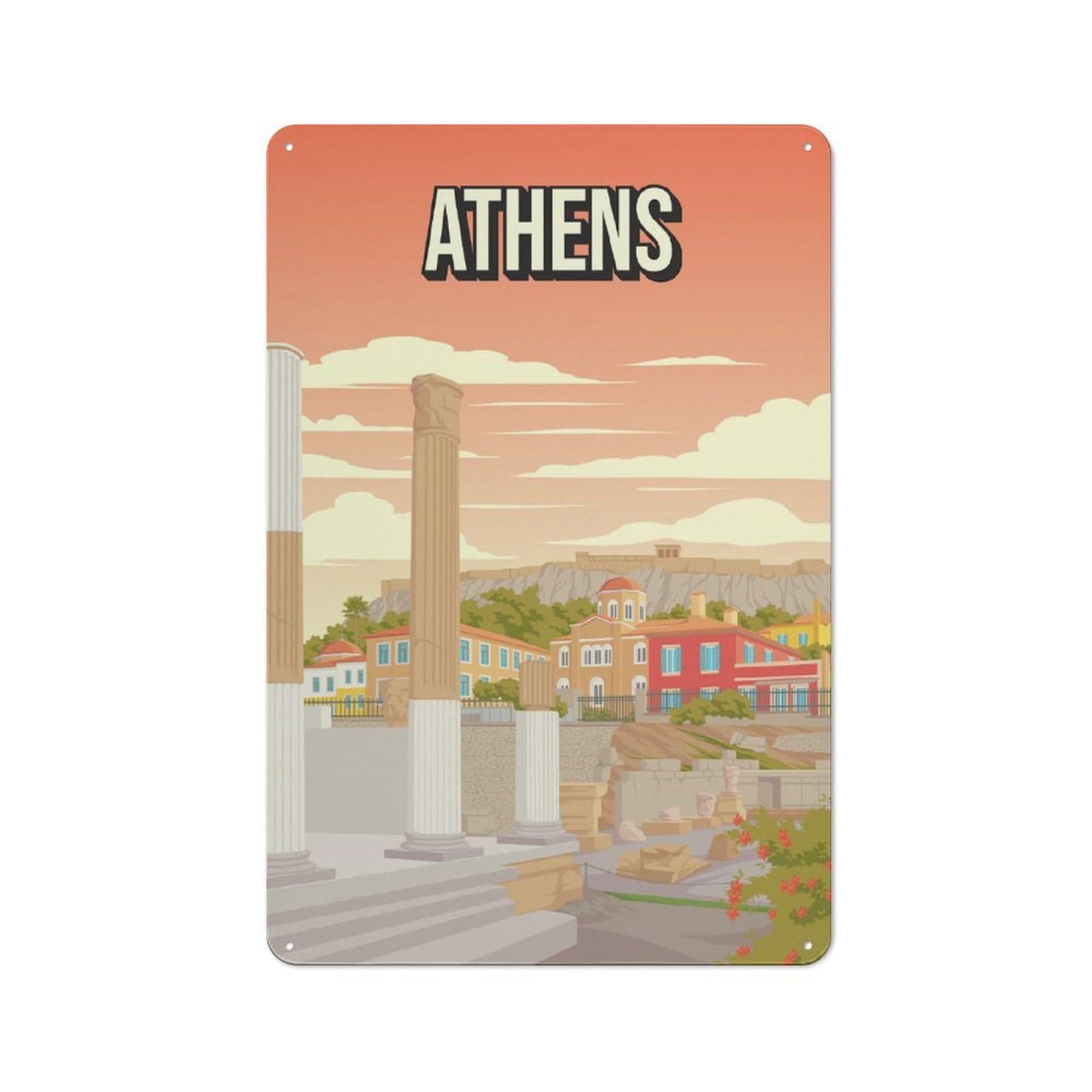 Junmoney Style-19 Athens Greece Historic City Art Print Acropolis Travel Printed Metal Sign 30X20cm For Lounge Or Reading Corner, For Retro Home Interiors, For Garage And Workshop Walls