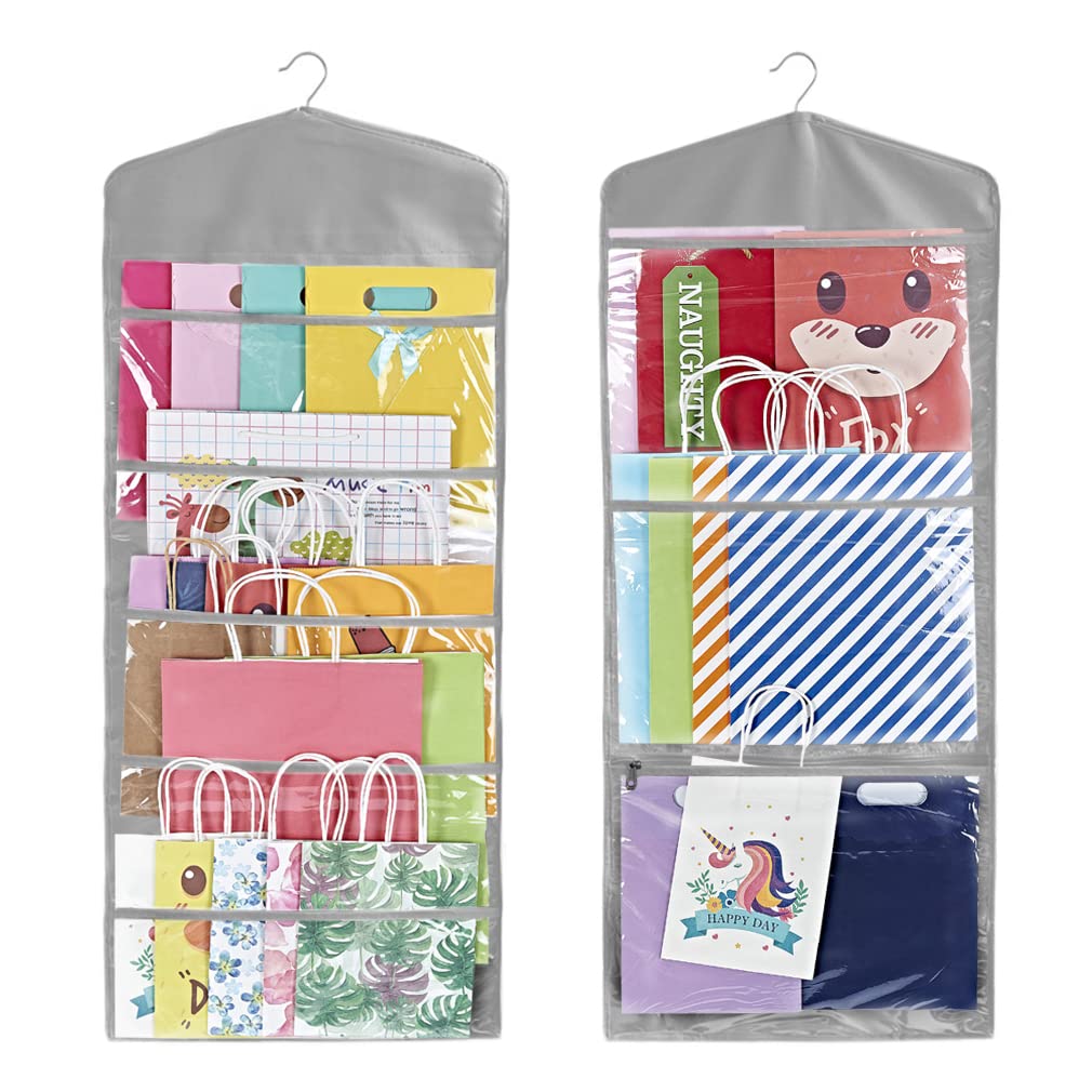 ProPik Hanging Double Sided Gift Bag Storage Organizer with Multiple Front and Back Pockets - Organize Your Gift Wrap, Tissue Paper, and Paper Bags 38 x 16 Inch PVC (Gray)