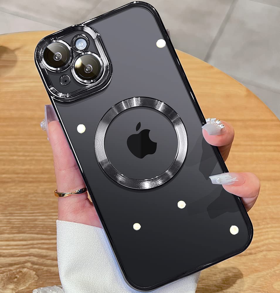 JUESHITUO Magnetic Glossy Clear for iPhone 14 Plus Case with Full Camera Cover Protection [No.1 Strong N52 Magnets] [Military Grade Drop Protection] for Women Girls Phone Case (6.7")-Space Black