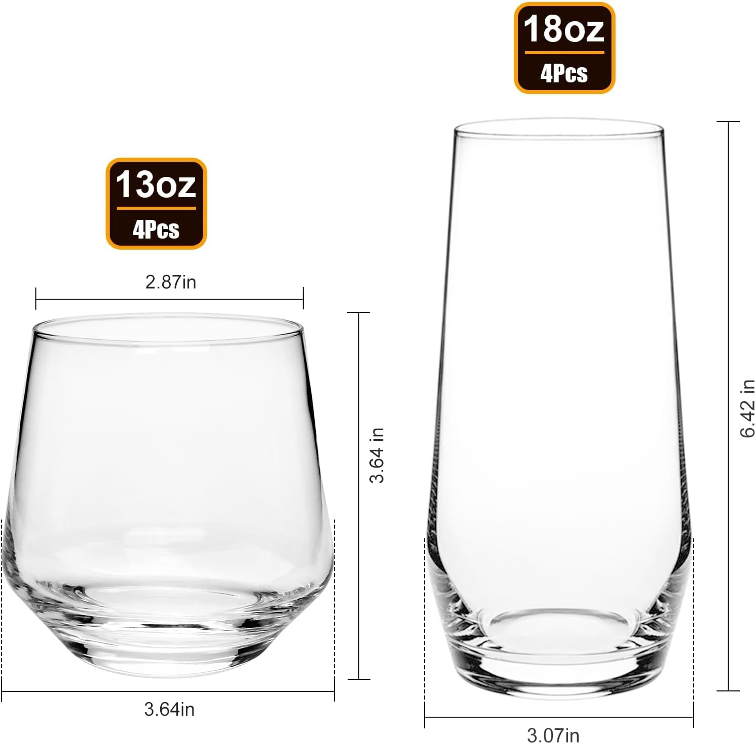Drinking Glasses Set, 4 Highball Glasses 18 oz & 4 Stemless Rocks Glasses 13 oz,Glass Cups,Glassware Sets for Cocktail, Beer, Wine, Whiskey, Water & Juice Drinkware