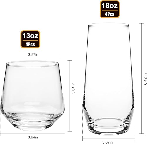 Miniatura 2 de Juego de vasos para beber, 4 vasos altos de 18 onzas y 4 vasos de rocas sin tallo de 13 onzas, vasos de vidrio, juegos de cristalería para cóctel,