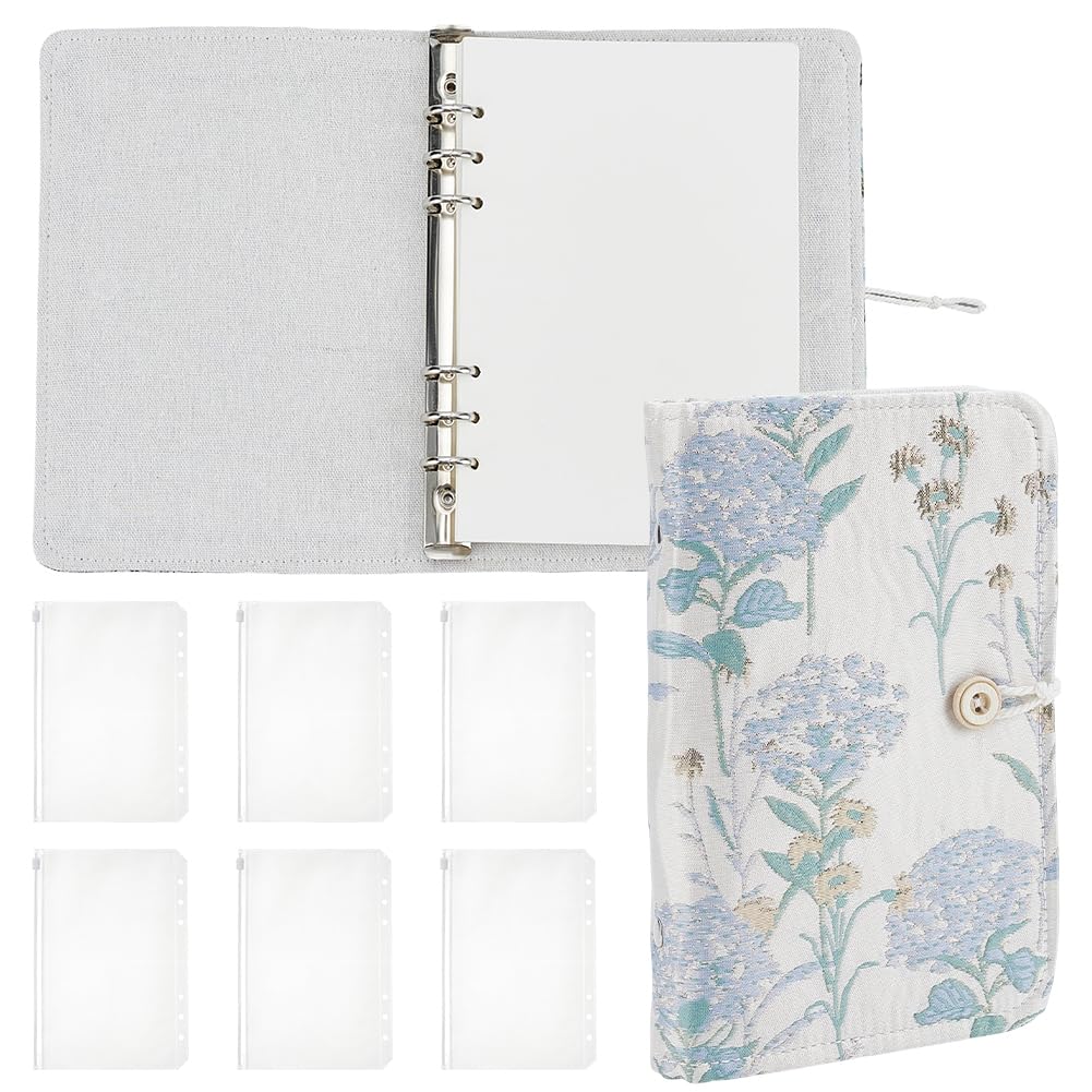 WEBEEDY A6 6-Ring Binder Flower Embroidery Notebook Refillable Journal Gifts for Women, Floral Embroidered Pocket Binders Book Blank with Zipper Pocket for Women Office Supplies (18.7x12cm, Unlined)