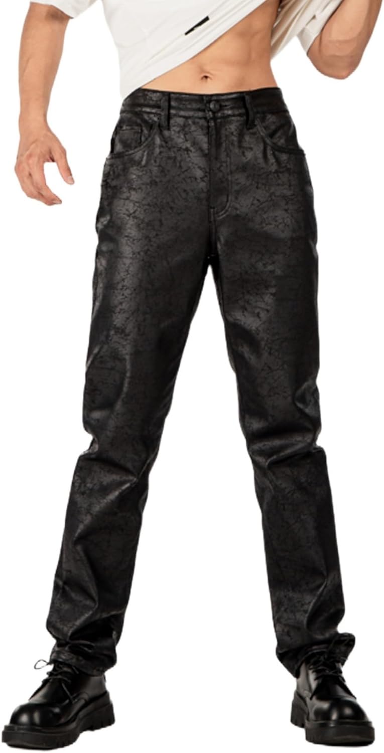 TEGIAS Mens Leather Pants Slim Fit Disco Jeans for Men Stretch