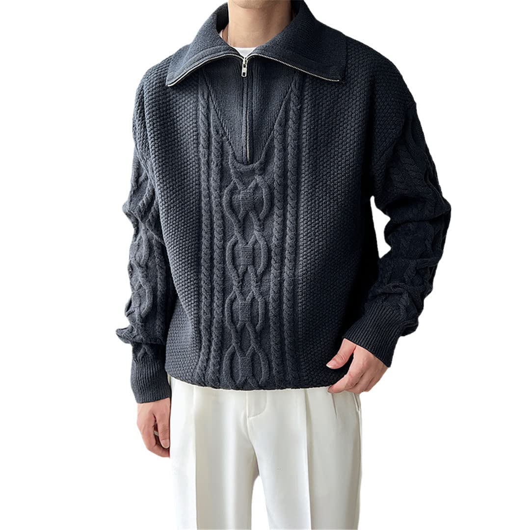 Vogrtcc Inverno addensare risvolto maglione uomo caldo moda maglia pullover uomo coreano sciolto maglione spesso, Nero , L