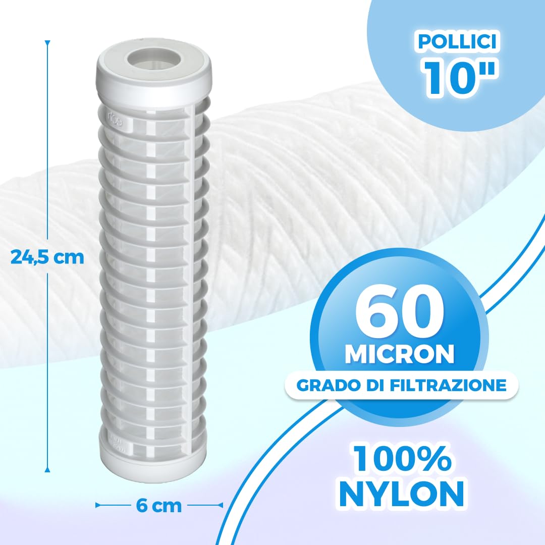 WK - Cartuccia Filtrante per Filtro Acqua in Nylon, 1 Pezzo da 10 Pollici con Permeabilità 60 Micron, Ideale per Uso Domestico e Commerciale