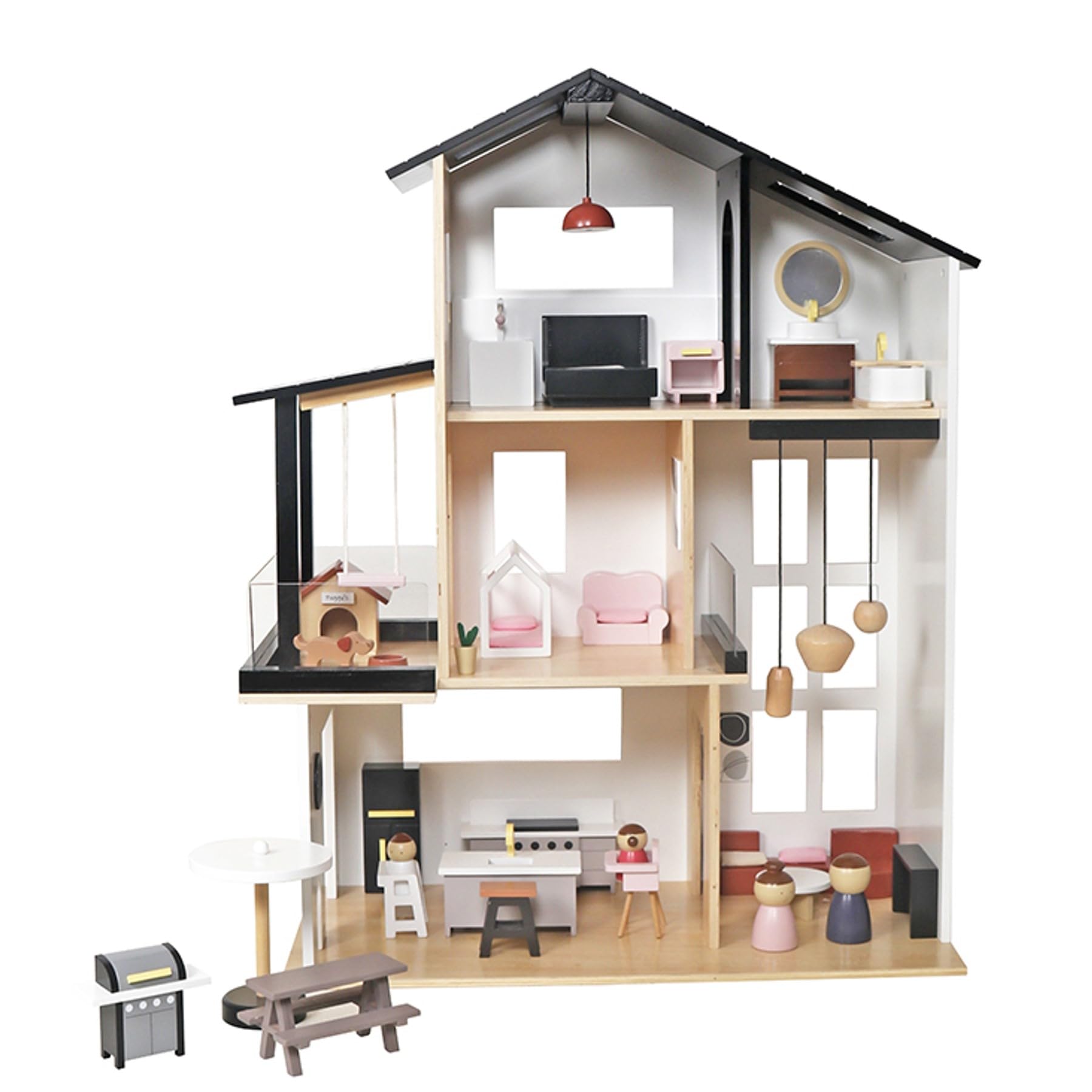 Modernes Puppenhaus Stadtvilla aus Holz – 3 Etagen mit 49 Zubehörteilen, Möbeln, 4 Figuren & Hund – Design Villa mit Balkon, Garten & Hundehütte – Geschenk für Mädchen & Jungen