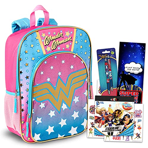 Wonder Woman School Backpack ~ 4 Pc Bundle With 16" DC Comics Wonder Woman Backpack For Girls, 110+ Superhero Girls Stickers, Pens, And More (Wonder Woman School Supplies)