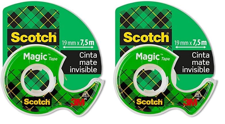 Scotch Cinta Mágica - 1 Rollo de 19 mm x 7,5 m + dispensador portátil - Cinta Adhesiva de Uso General para Reparación, Etiquetado y Sellado de Paquetes y Documentos (Paquete de 2)