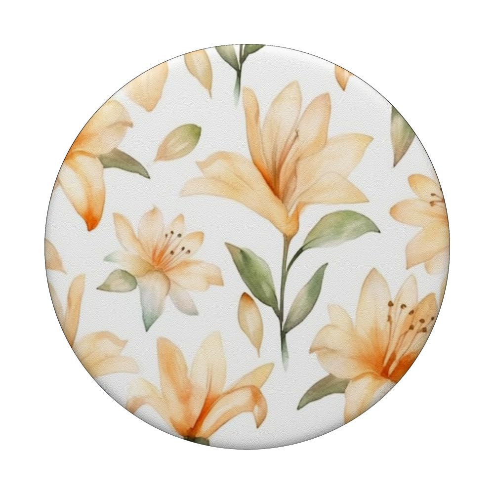 Lily Flower Floral Pattern Cute Peach Color Lilies PopSockets Swappable PopGrip, Black - Image 3
