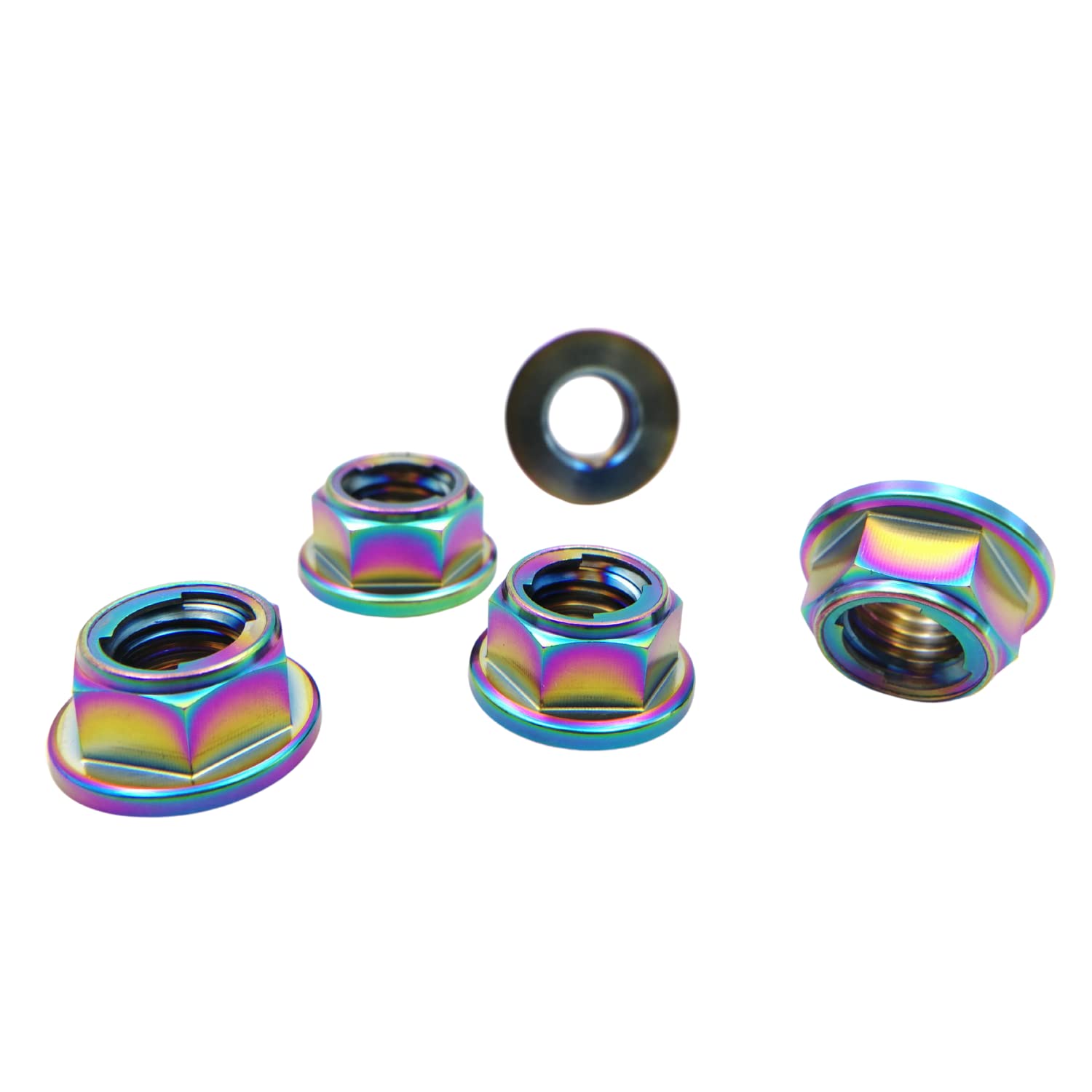 RISON-Titanium Tuerca de Brida de Titanio M5x0.8mm, Tuerca de Seguridad Hexagonal con Reborde, Tuerca de Bloqueo Contratuercas para Piñón/Rueda Dentada de Motocicleta, Bici, Paquete de 5