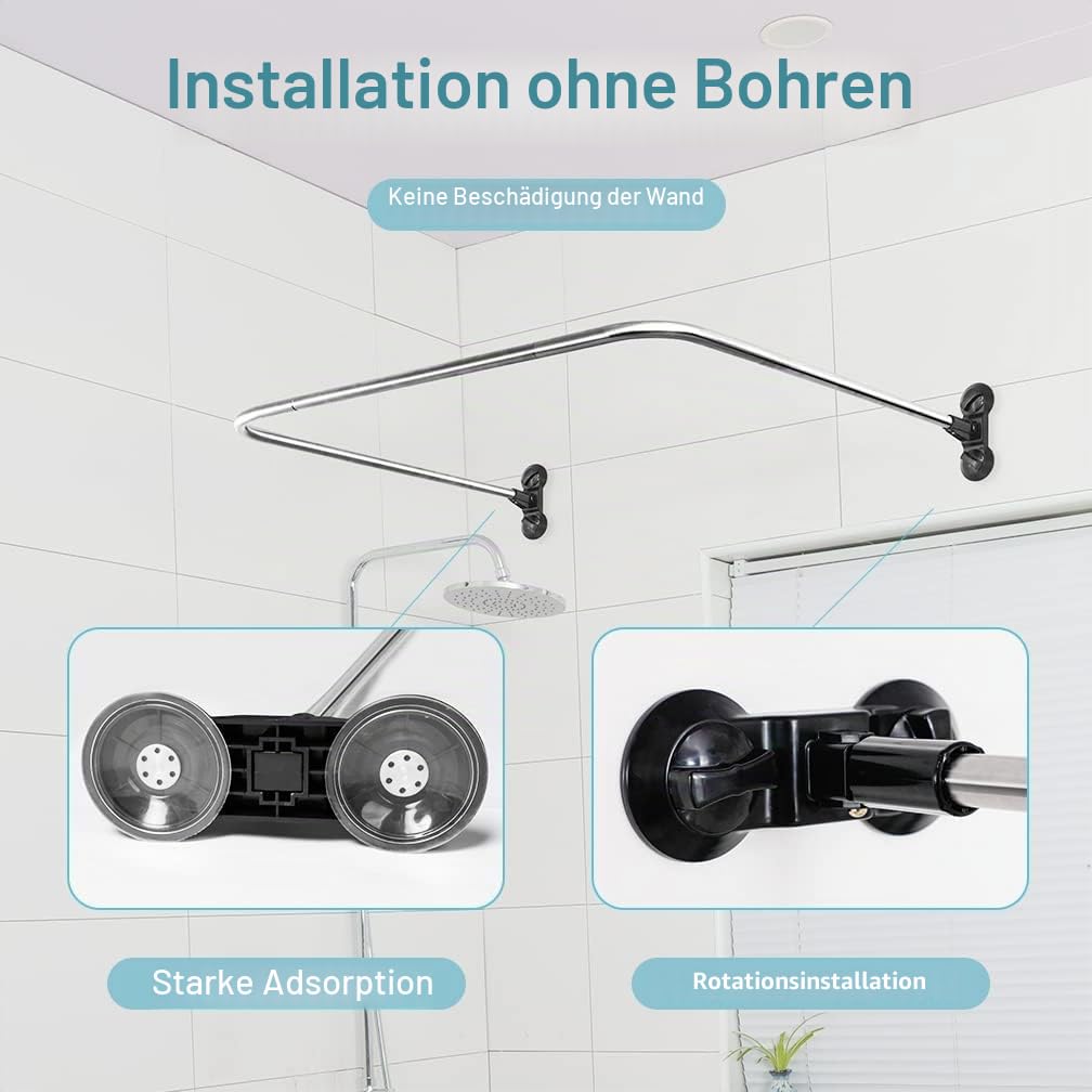 Hershii Duschvorhangstangen U-förmige Vorhangschiene Dusche Badewannenstange Eckgardinenstange Ohne Bohren Gebogene Duschstange Saugnapf montiert,Rostfreier Stahl, Schwarz, 98x102x98cm